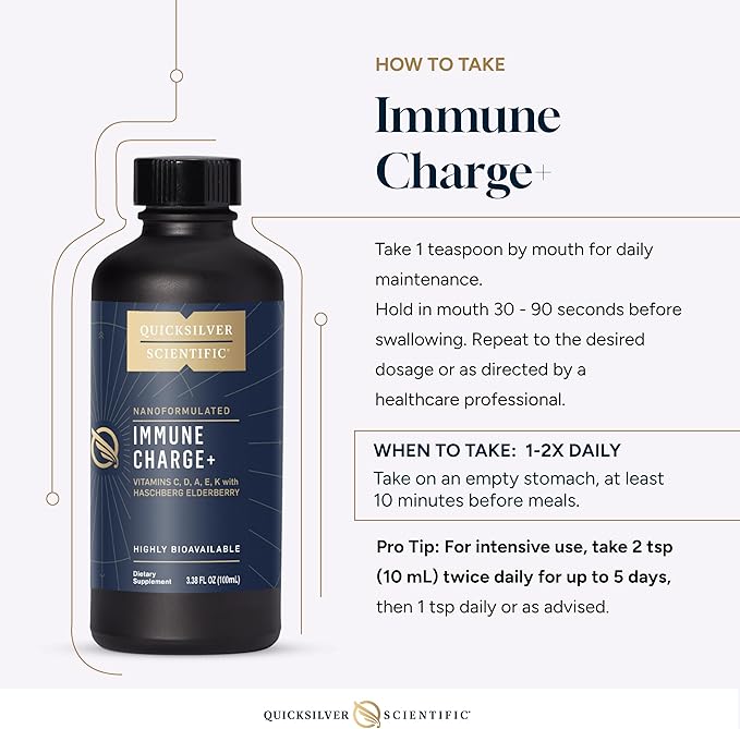 Quicksilver Scientific Immune Charge+ - Elderberry with 10,000 IU Vitamin D3, 25,000 Vitamin A, C, E, K1 & K2 for Immune Health & Lung Support (100ml)