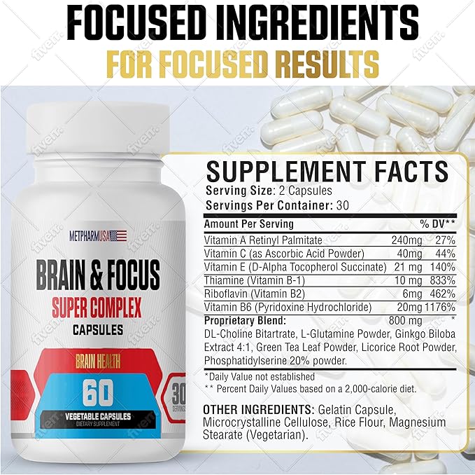 Brain & Focus Nootropic Super Complex Supplement for Brain Support and Performance, Improved Focus Memory and Mental Performance