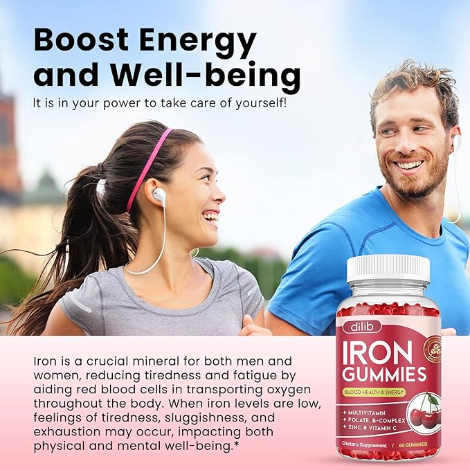 Iron Gummies with Multivitamin, Iron Supplement for Women & Men, Kids Multivitamin with Iron, Zinc, Vitamin B Complex & C, B12, Folate - Blood Builder, Energy Support, Cherry Flavor, Vegan 120 Gummies