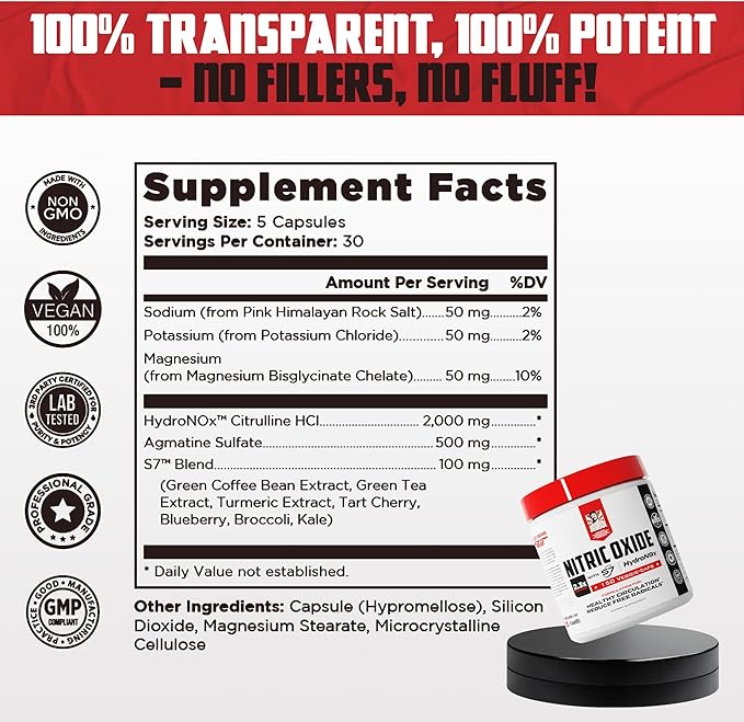 Old School Labs Nitric Oxide Pre-Workout Supplement with HydroNOx & S7 Blend - Muscle Pump & Vascularity Support for Men - 150 Veggie Capsules with Citrulline HCl for Enhanced Blood Flow & Recovery
