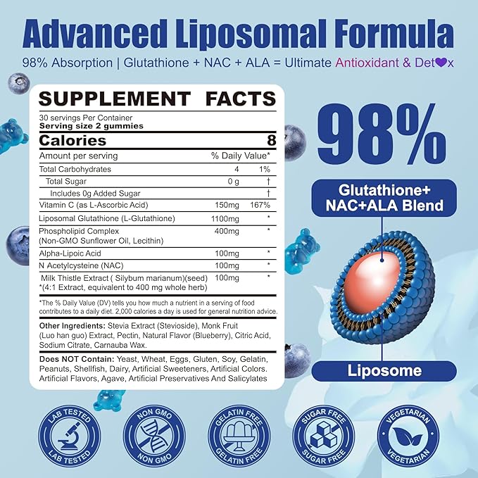 Liposomal Glutathione Gummies 1100mg Supplement, L-Glutathione Reduced with Vitamin C, Phospholipids, ALA, NAC & Milk Thistle, Antioxidant for Anti-Aging, Immune & Cleansing, Vegan, 60 ct