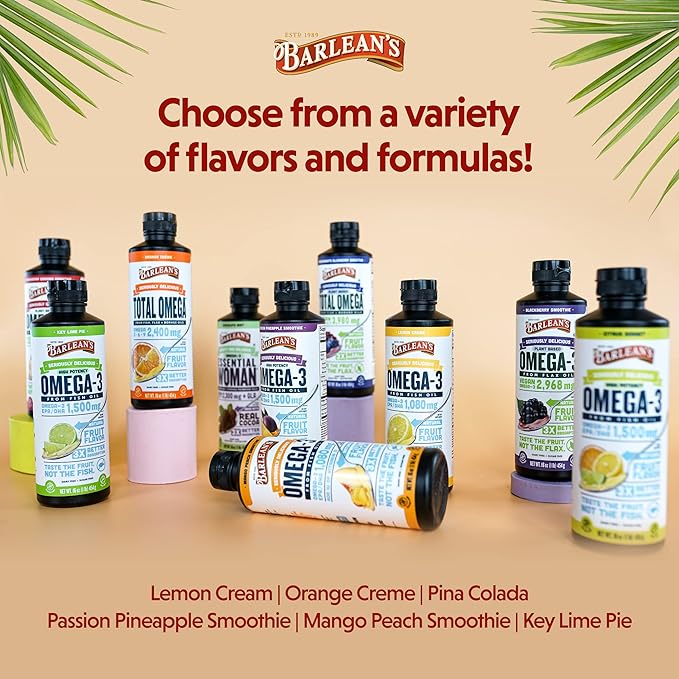 Barlean's Omega 3 Fish Oil Liquid Supplement 3-Flavor Variety Pack for Men and Women, EPA and DHA Fatty Acid, Includes Key Lime Pie, Lemon Crème and Mango Peach Flavors, 8 oz