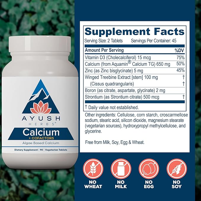 Ayush Herbs Calcium + Cofactors, Algae Based Calcium, Supports Bone Health & Mineralization, 90 Vegetarian Tablets