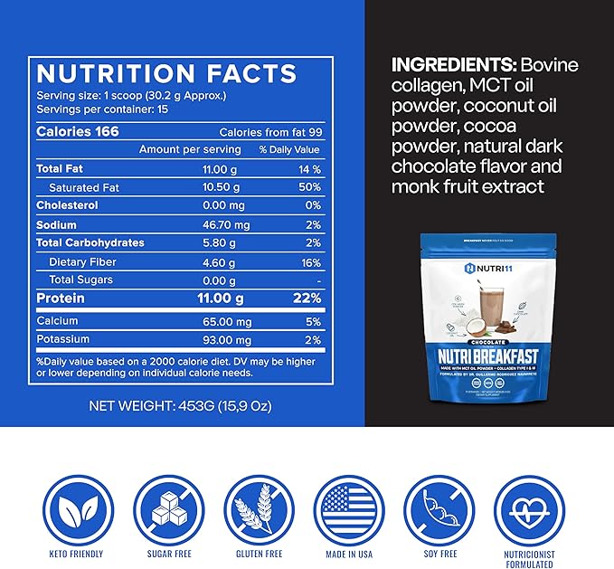 NutriBreakfast by Nutrillermo/Keto Protein Collagen Powder with MCT Oil/MCT Oil Powder/Keto Collagen Peptides with Grass-Fed Bovine Collagen Type I & III (15.9, Chocolate)