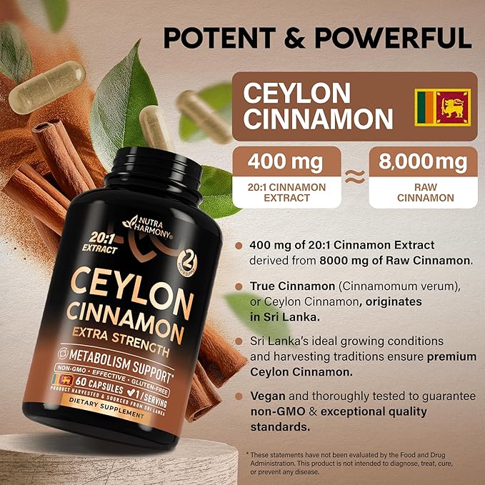 Ceylon Cinnamon Capsules - Extra Strength - Energy Heart & Metabolism Support for Men & Women - Pure Natural Cinnamon 20:1 Extract Supplement - GMO & Gluten Free - Made in USA - 60 Capsules 2 Month