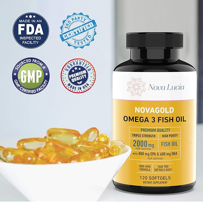 NovaGold Omega 3 Fish Oil – 2000mg High Strength EPA DHA Supplement – Burpless, Easy to Swallow Softgels – Supports Heart, Brain, Joints, Immune & Skin – Non-GMO – 120 Liquid Capsules