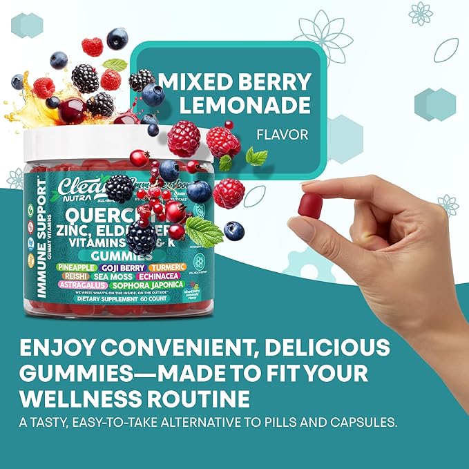 Clean Nutraceuticals Quercetin Zinc Elderberry VitaminDVitaminK2 Goji Berry Turmeric Sea Moss Echinacea Astragalus Mushrooms Olive Leaf Extract D3K2 Selenium Supplements Immunity 60 Gummies