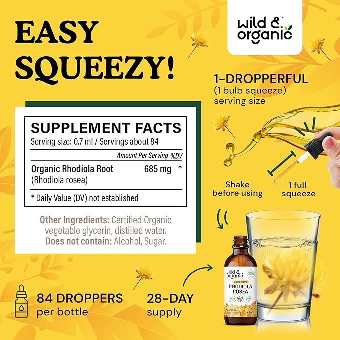 Wild & Organic Rhodiola Rosea Tincture - Mood Support - Relaxing Rhodiola Supplement - Root Extract Liquid Drops - Vegan, Sugar & Alcohol-Free - 2 fl oz