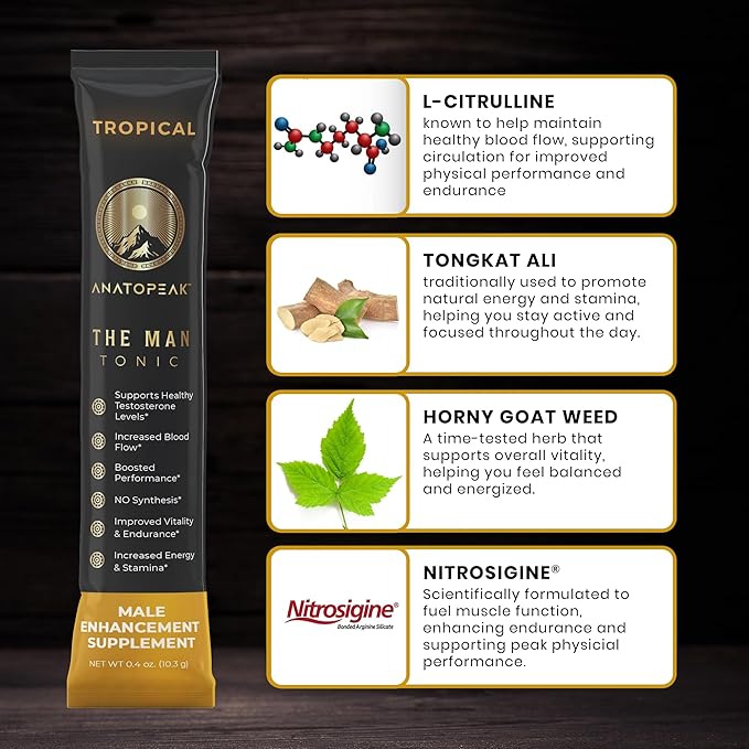 Male Enhancing Supplement Powder – Testosterone Supplement for Men with Tongkat Ali, Maca Root, Horny Goat Weed Powder, Beet Root & L-Citrulline – Nitric Oxide Booster (1 Stick Pack) - Tropical
