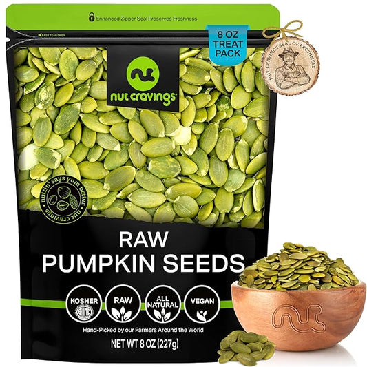 NUT CRAVINGS - Raw Pumpkin Seeds Pepitas, Unsalted, Shelled, (8oz - 1 Pack) Bulk Nuts Packed Fresh in Resealable Bag - Kosher Healthy Snack, Food Assortments Ideal for Trail Mixed Nuts