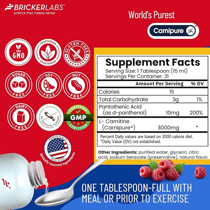 CARNIBLAST Liquid L-Carnitine 3000mg, Premium L Carnitine Carnipure, Energy Nutrition, Energy Supplement and Energy Booster, Raspberry, 16 fl oz