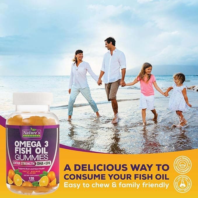 Omega 3 Fish Oil Gummies Triple Strength Vitamin - DHA & EPA with Fatty Acids for Heart Health, Joint, Brain Support Fish Oil Omega-3 Supplement Nature's High Absorption Orange Flavor Gummy, 120 Count