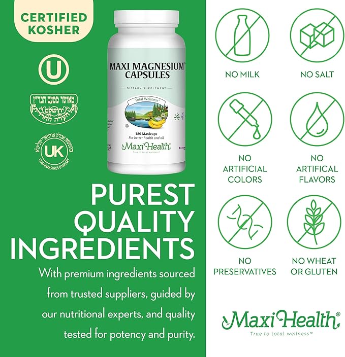 Magnesium Capsules - Energy Production - Muscle & Nerve Health - Bone Support - Magnesium Supplement from Magnesium Oxide, Magnesium Glycinate Chelate and Magnesium Citrate - 180 Count by Maxi Health