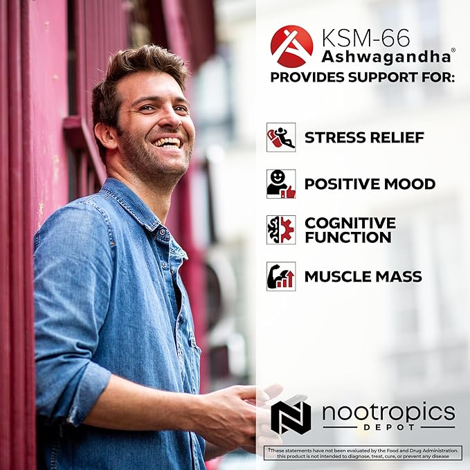 Nootropics Depot KSM-66 Ashwagandha Capsules | 300mg | 180 Count | Withania somnifera Extract | Ayurvedic Herb | Adaptogen Supplement | Stress + Promote Relaxation* | Energy, Memory + Focus*