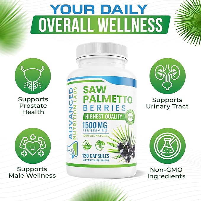 Saw Palmetto Berries & Extract - 1500 mg Saw Palmetto Supplement for Men & Women - DHT Blocker for Hair Growth, Prostate Support & Urinary Health - 120 Vegan Capsules