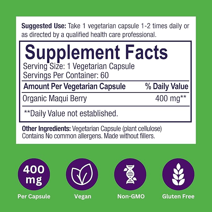 Paradise Herbs, Organic Maqui Berry Extract, 400 mg, Fresh, Freeze-Dried Concentrate for Superior Potency, Non-GMO, Vegan, 60 Capsules