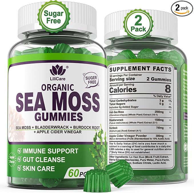 (2 Pack) Sea Moss Gummies - Irish Sea Moss Gummies for Adults & Kids - Advanced Superfood Seamoss Supplement with Organic Bladderwrack & Burdock Root Extract，ACV for Daily Immune, Gut Cleanse, Vegan