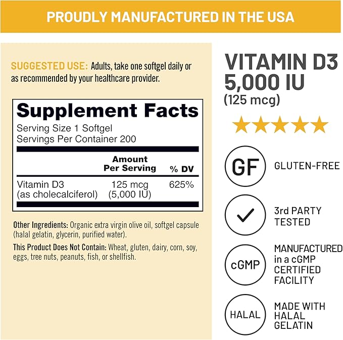 NatureWise Vitamin D3 5000iu (125 mcg) 200-Day Supply for Immune Support, Healthy Muscle Function, and Bone Health - Non-GMO, Gluten Free in Organic Extra Virgin Olive Oil, (Mini Softgel), 200 Count
