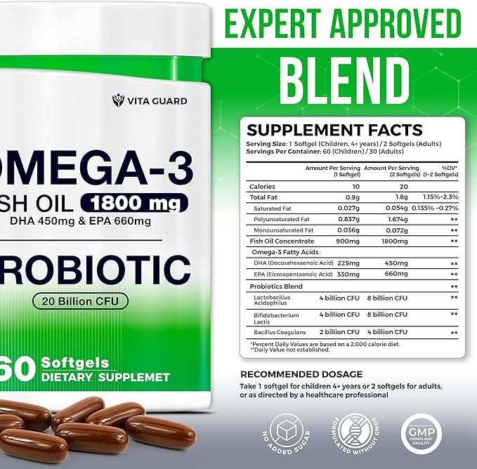 Omega-3 Fish Oil with Probiotics – 1800mg Fish Oil, 660mg EPA, 450mg DHA – Heart, Brain & Gut Support – 20 Billion CFU – Lemon-Flavored Burpless Softgels – Non-GMO, Gluten-Free
