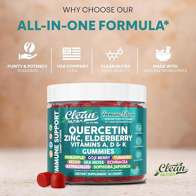 Clean Nutraceuticals Quercetin Zinc Elderberry VitaminDVitaminK2 Goji Berry Turmeric Sea Moss Echinacea Astragalus Mushrooms Olive Leaf Extract D3K2 Selenium Supplements Immunity 60 Gummies