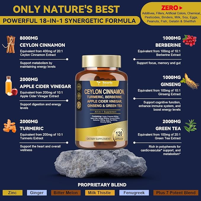 18-in-1 Organic Ceylon Cinnamon Capsules with Berberine, Ceylon Cinnamon Supplement w/Apple Cider Vinegar Turmeric Bitter Melon Milk Thistle, for Metabolism, Energy, Heart*, 120 Counts