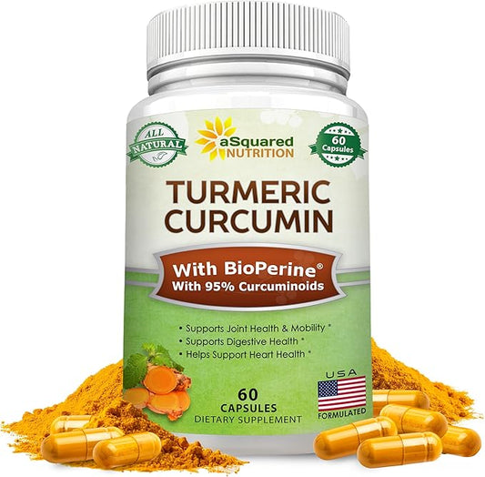 aSquared Nutrition Turmeric Curcumin 1300mg with BioPerine Black Pepper Extract Supplement - 60 Capsules - with 95% Curcuminoids - Natural Tumeric Root Powder Joint Pills
