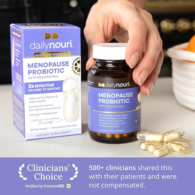 Nouri Daily Menopause Probiotic | Supports Hormonal Balance, Estrogen, Hot Flashes, Night Sweats, Bloating & Gut Health | 3 Clinically Studied Strains + Resveratrol & Vegan Omega Oil | 30-Day Supply