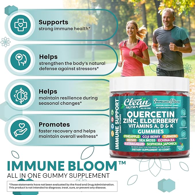 Clean Nutraceuticals Quercetin Zinc Elderberry VitaminDVitaminK2 Goji Berry Turmeric Sea Moss Echinacea Astragalus Mushrooms Olive Leaf Extract D3K2 Selenium Supplements Immunity 60 Gummies