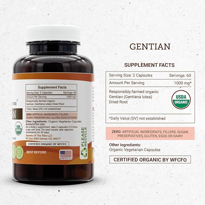 Secrets of the Tribe Gentian USDA Organic Capsules | Certified Organic Vegetarian Capsules, Herbal Dietary Supplement | Gentiana Lutea Dried Root (120 Count)