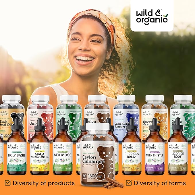 Wild & Organic Ceylon Cinnamon Gummies 1800mg - Antioxidants Support w/Cinnamon, Turmeric Root, Ginger - 60 Vegan, Non-GMO Chews