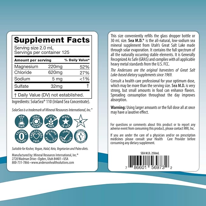 Anderson Sea M.D. Concentrated Trace Mineral Drops, Ionic Electrolyte Magnesium Supplement, Aids in Muscle Cramps, Liquid Magnesium and Trace Mineral, Easy to Take, 8.3 fl oz, 120 Servings
