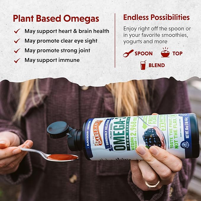 Barlean's Vegan Omega 3 6 9 Flaxseed Oil Liquid Supplement, BlackBerry Smoothie, Flax Seed Oil, 2,968 mg ALA Fatty Acid, Non-GMO and Gluten Free, 16 oz