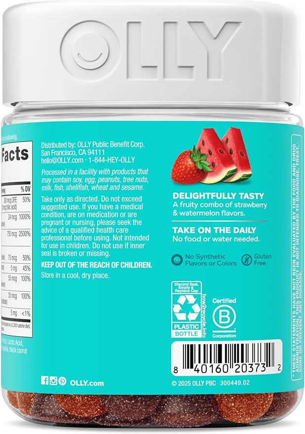 OLLY Teen Girl Multi Gummy, Healthy Skin and Immune Support*, Essential Vitamins, Biotin, Zinc, Chewable Multivitamin, Strawberry Melon Flavored, 50 Day Supply - 100 Count