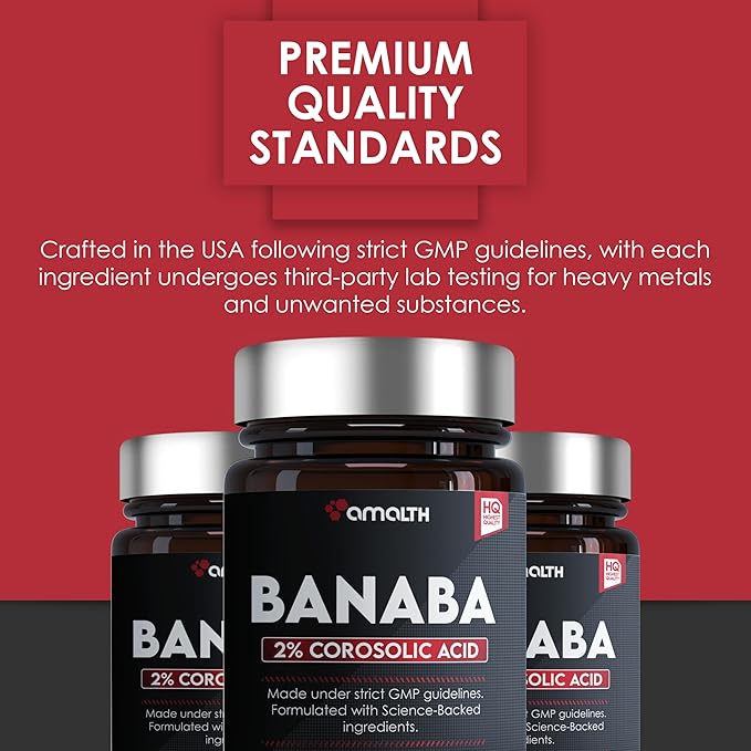 AMALTH Banaba Leaf Extract Capsules 500 mg, 2% Corosolic Acid (Concentrated Extract) | 120 Count Vegan | Non-GMO & Vegan