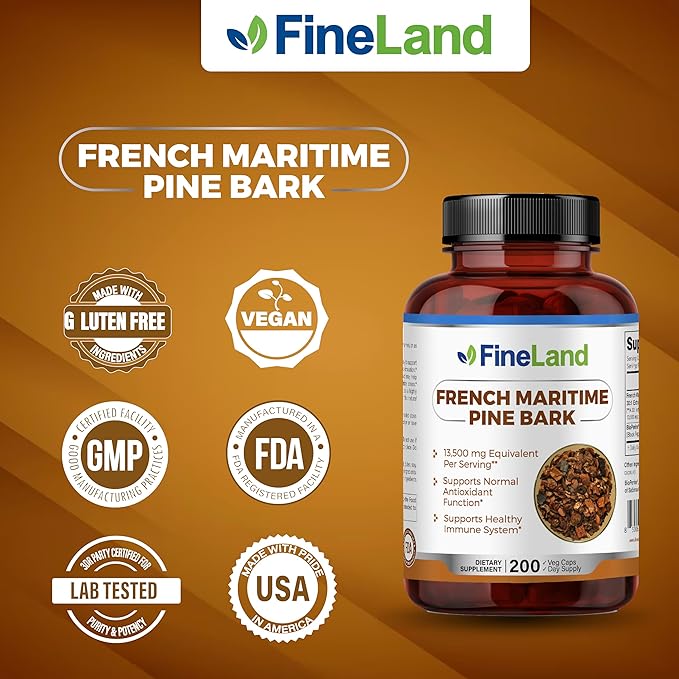 FineLand French Maritime Pine Bark 30:1 Extract Max Strength, 450 mg Per Capsule, Antioxidant, 200 Veggie Caps of Pine Bark Supplement for 200 Days, 100% Natural