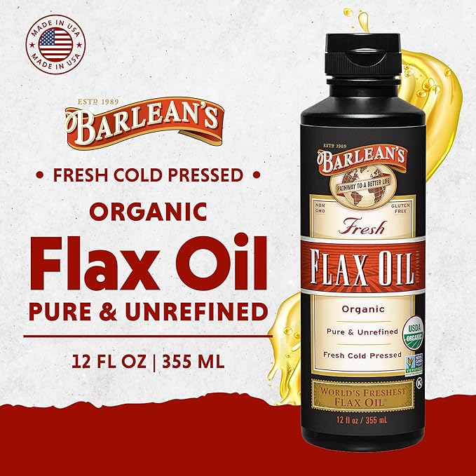 Barlean's Organic Flaxseed Oil Liquid, Cold Press Flax Seeds, 7,640mg ALA Omega 3 Fatty Acid Supplement for Healthy Hair, Skin, and Eyes, Vegan & Gluten Free, 12 oz