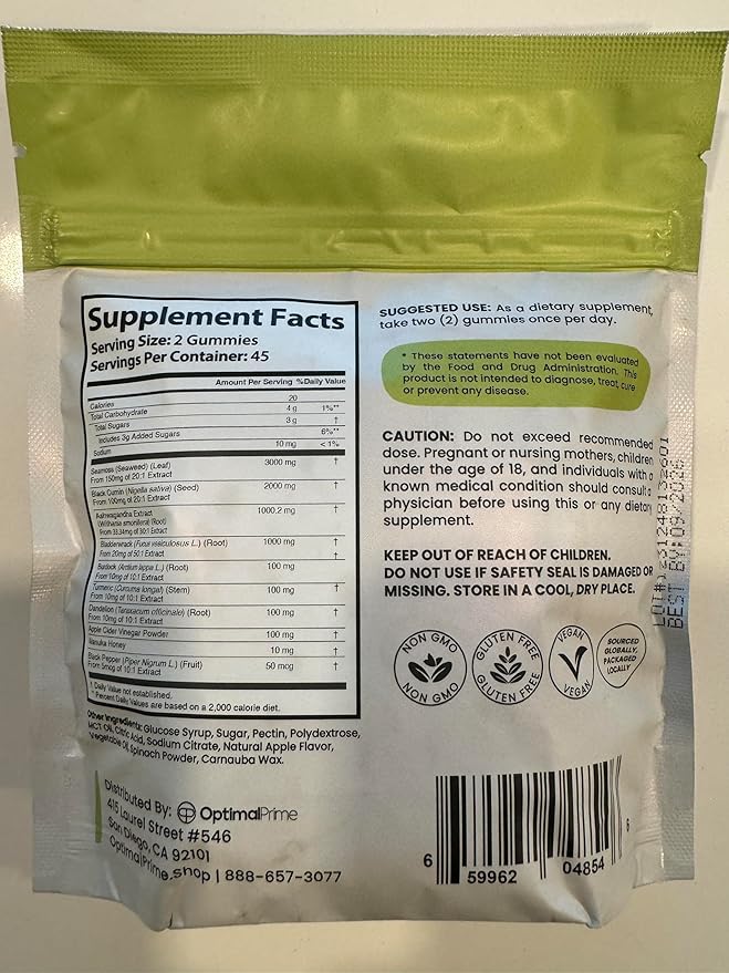 Optimal Prime Sea Moss and Black Seed Oil Gummies, Ashwagandha, Turmeric, Manuka Honey, ACV, Dandelion, Black Pepper, Burdock, Bladderwrack, Vegan, 90 Gummies 45 Day Supply
