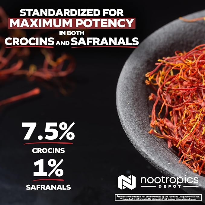 Nootropics Depot High Potency Saffron Extract Capsules | 30mg | Minimum 7.5% Crocins and 1% Safranals | Crocus sativus | 60 ct