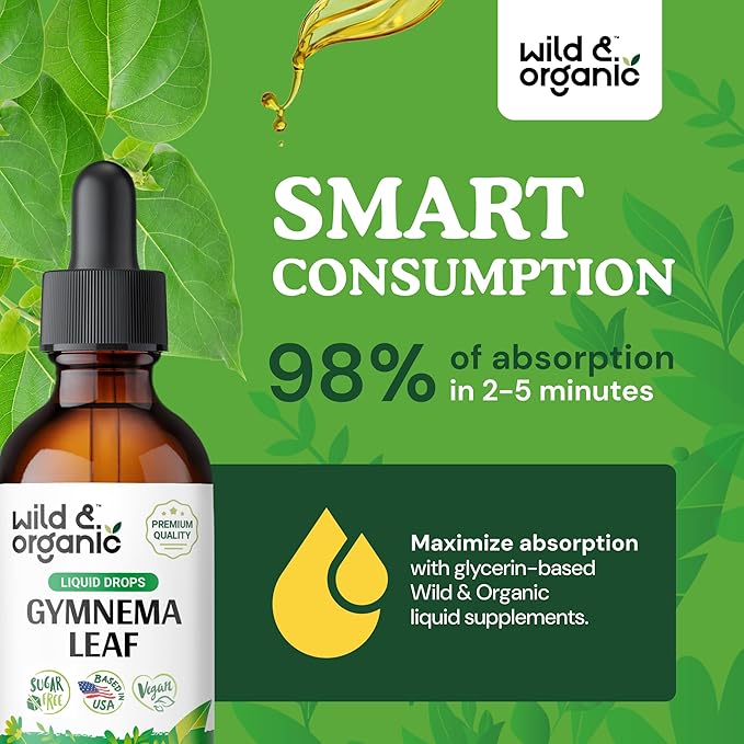 Wild & Organic Gymnema Sylvestre Extract Drops - Sugar-Free Gymnema Supplement for Overall Support - Gurmar Leaf Extract Tincture - Vegan, Alcohol-Free Liquid Drops - 2 fl oz
