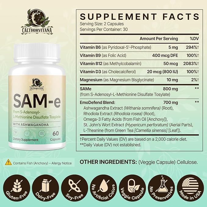 SAM-e Supplement – Capsule Complex with Ashwagandha Extract, L-Theanine, Rhodiola, St. John’s Wort, Omega-3 Fatty Acids, Magnesium, B Vitamins & D3, 120 Capsules