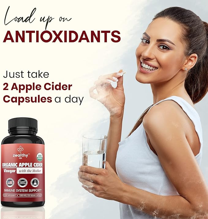 Organic Apple Cider Vinegar with The Mother – 1200mg Capsules for Optimal Wellness, Gluten-Free, Non-GMO, 120 Veggie Capsules – Zealthy Life