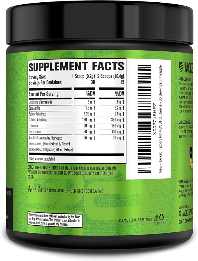 Jacked Factory NITROSURGE Pre Workout Supplement - Endless Energy, Instant Strength Gains, Clear Focus, Intense Pumps - NO Booster & Powerful Preworkout Energy Powder - 30 Servings, Pineapple