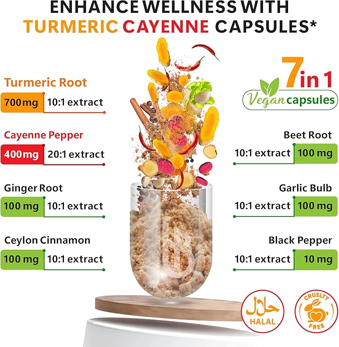 7in1 Turmeric and Cayenne Pepper Supplement - Digestion, Immune, Brain & Heart Health Support with Ceylon, Ginger, Garlic, Beetroot - 2Pack60