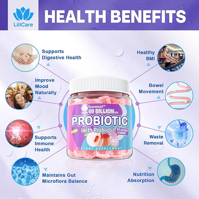 2Pack Probiotic + Prebiotics Gummies Sugar Free 60 Billion CFU, 11 Strains Probiotics Filled Gummies for Women Men Digestive Health and Gut Health, Supports Constipation, Diarrhea, Gas & Bloating