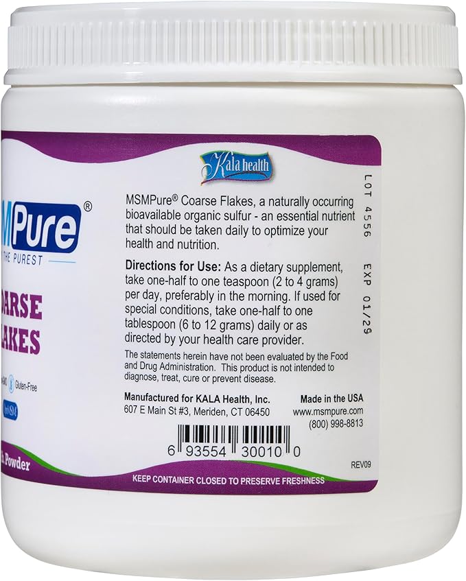 KALA HEALTH MSMPure Coarse MSM Powder Flakes – US-Made MSM for Joint Health, Skin Appearance, and Hair & Nail Support – 1 lb, Organic Sulfur