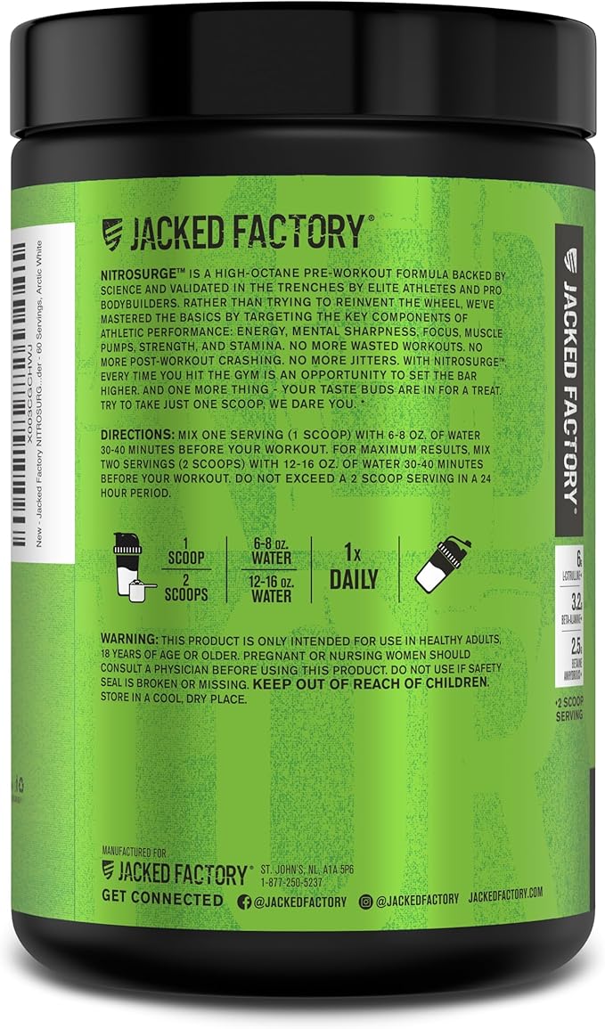 Jacked Factory NITROSURGE Pre Workout Supplement - Endless Energy, Instant Strength Gains, Clear Focus, Intense Pumps - NO Booster & Powerful Preworkout Energy Powder - 60 Servings, Arctic White