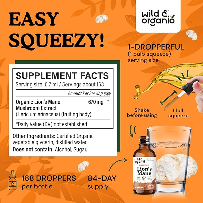 Wild & Organic Lions Mane Liquid Drops - Brain & Focus Support - Lion's Mane Mushroom Supplement - Hericium Erinaceus Mushroom Drops - Vegan, Sugar & Alcohol-Free Extract Tincture - 4 fl oz