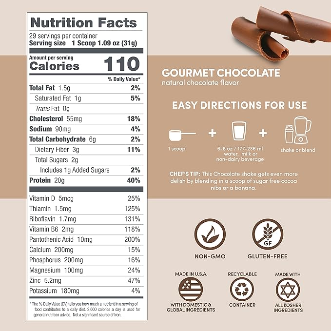 Designer Wellness, Designer Whey, Natural Whey Protein Powder with Probiotics, Fiber, and Key B-Vitamins for Energy, Gluten-Free, Gourmet Chocolate, 12oz