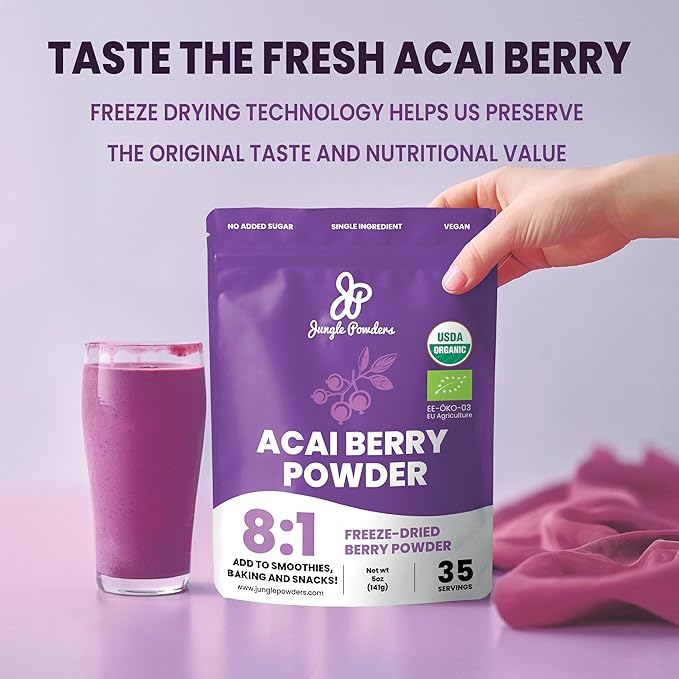 Organic Acai Powder 5 Ounce Bag Freeze Dried Acai Berry Powder from Whole Berries, Antioxidant-Rich Acai Powder Organic for Smoothie Bowls, Acai Berries Superfood Smoothie Powder