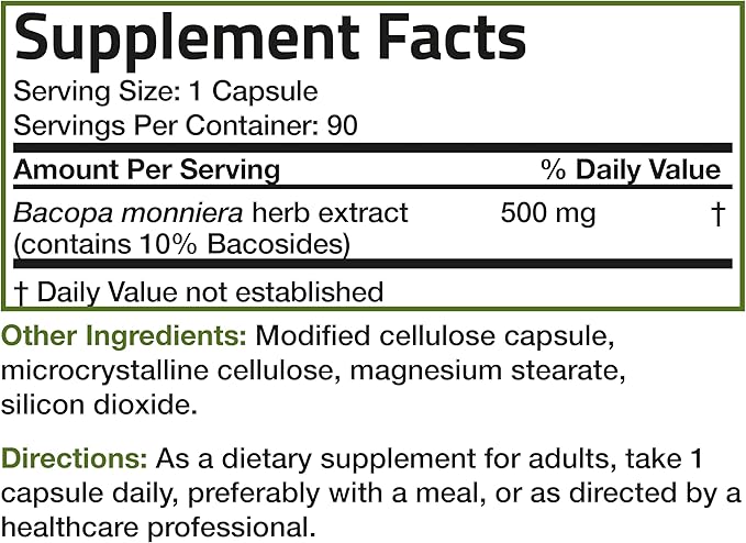 Bronson Bacopa Monnieri Extract 500 mg - Promotes Mental Clarity and Brain Function - Non GMO, 90 Vegetarian Capsules